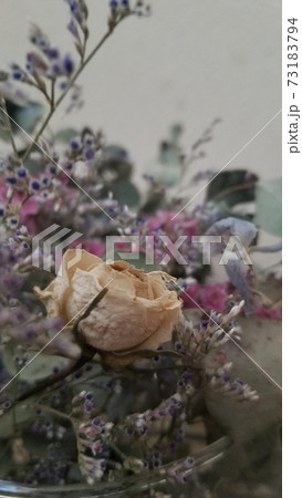 オレンジのバラとシックカラーの花たち 73183794