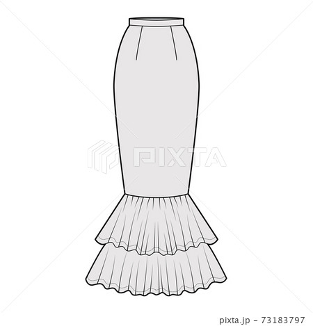 Skirt mermaid fishtail maxi technical fashion illustration with floor ankle lengths silhouette, pencil fullness bottom 73183797