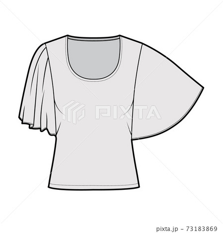 Top with elbow circle sleeves technical fashion illustration with relax fit, under waist length, round neckline. Flat 73183869