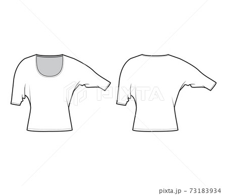 Top with elbow dolman sleeves technical fashion illustration with relax fit, under waist length, round neckline. Flat 73183934