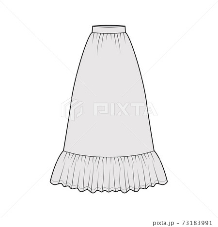 Skirt prairie dirndl technical fashion illustration with floor ankle lengths, semi-circular fullness, thick waistband 73183991