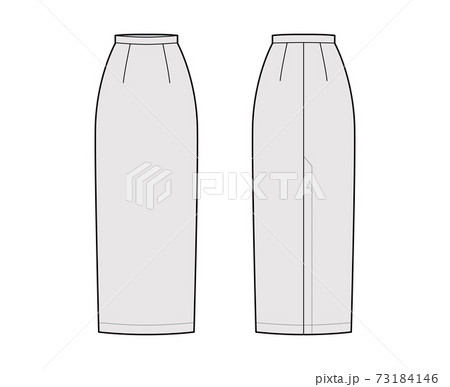 Skirt maxi pencil fullness silhouette technical fashion illustration with back slit, floor ankle lengths. Flat bottom 73184146