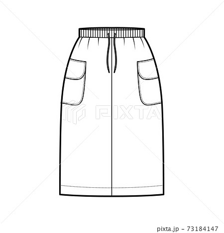Skirt cargo technical fashion illustration with knee length, side pockets with flap, stretch drawstring waistband. Flat Skirt cargo technical fashion illustration with knee length, side pockets with flap, stretch drawstring waistband. Flat 73184147