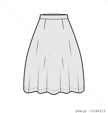 Skirt flared skater technical fashion illustration with below-the-knee silhouette, semi-circular fullness. Flat bottom 73184223