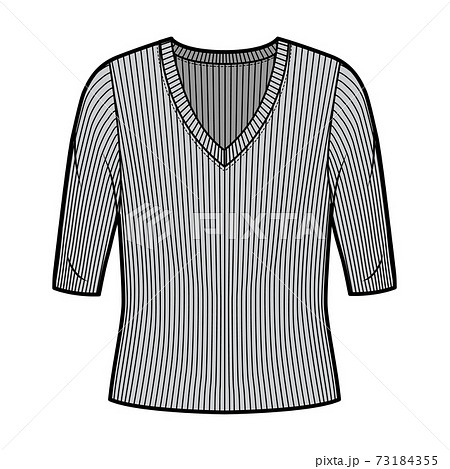 Ribbed V-neck knit sweater technical fashion illustration with elbow sleeves, oversized body.  73184355