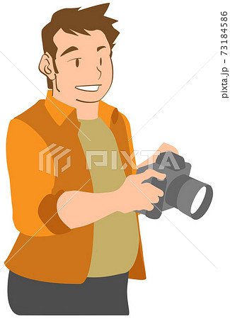 デジタルカメラで撮影チェックするカメラマンのイラスト素材