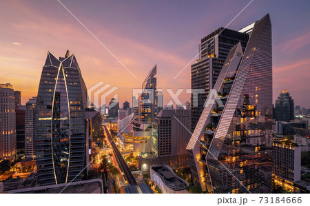 Aerial view of Ploenchit, Bangkok Downtown at night. Financial district and business centers in smart urban city in Asia. Skyscraper and high-rise buildings. Thailand 73184666