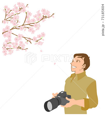 一眼レフで桜を撮影する男性カメラマンのイラスト素材