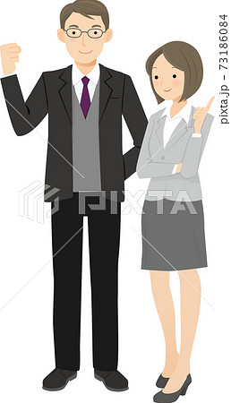 スーツ姿でガッツポーズをする男性と指を指す女性のイラスト素材