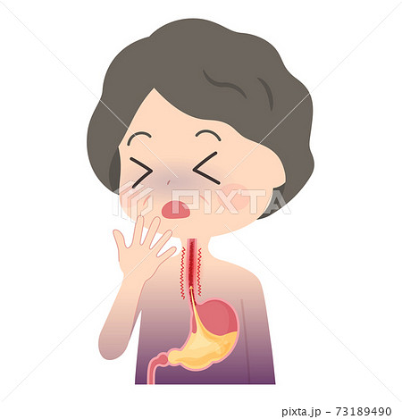 逆流性食道炎で苦しむおばあちゃんのイラスト 胃の断面のイラスト素材