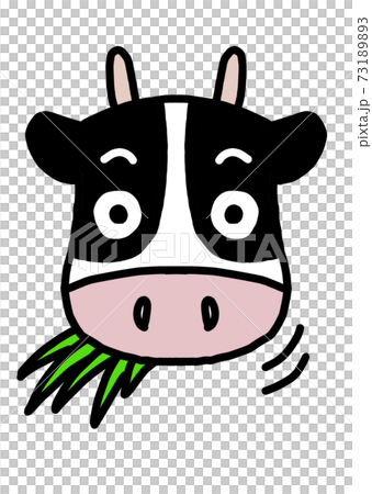 正面を向いたかわいいホルスタイン牛 表情無し 草をはむ 背景白 のイラスト素材 7313