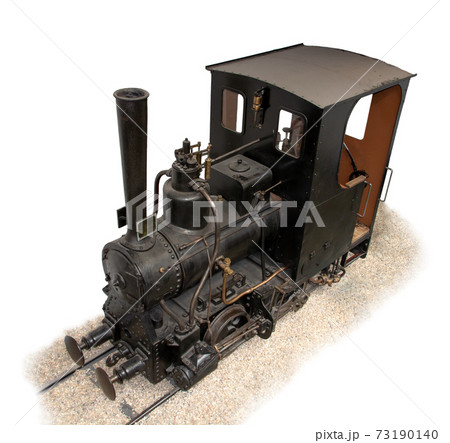 Narrow gauge industrial steam locomotive, isolated on white background. 73190140