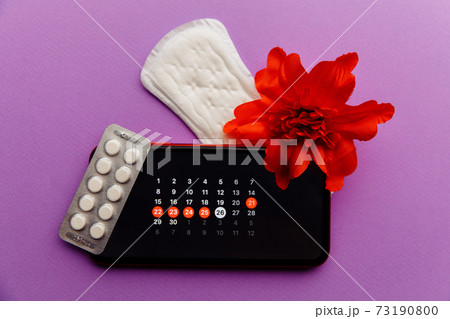 Menstruation app calendar in smartphone with sanitary pad, pills and red flower on a lilac background. Woman critical days and hygiene protection concept Menstruation app calendar in smartphone with sanitary pad, pills and red flower on a lilac background. Woman critical days and hygiene protection concept 73190800