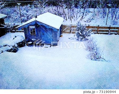Digital watercolor style of a small blue wooden hut after a snowfall in northern Scandinavia 73190944