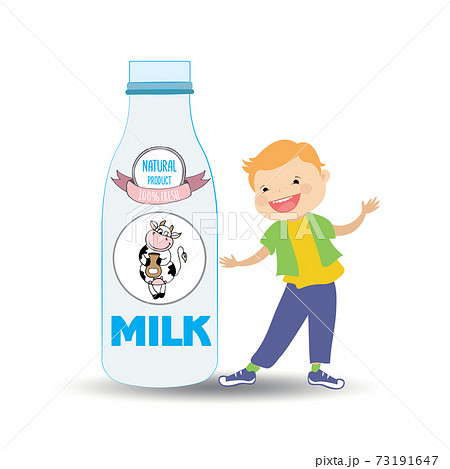 A bottle of milk and cow's label and smiley cute boy A bottle of milk and cow's label and smiley cute boy 73191647