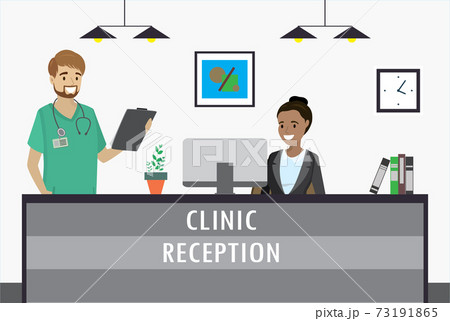 woman sitting at clinic reception desk and smile caucasian male 73191865