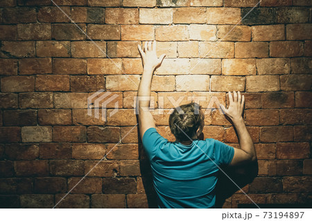 Rear view man under life crisis problems stand facing brown brick wall, hands raised up on wall, wants to climb, overcome obstacle, reach a goal, leader, motivation. Looking up right 73194897