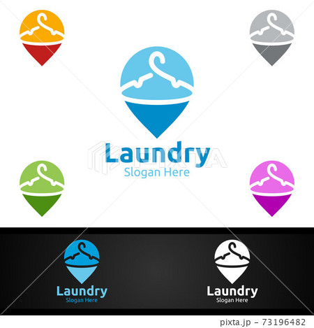 Pin Laundry Dry Cleaners Logo with Clothes, Water and Washing Concept 73196482