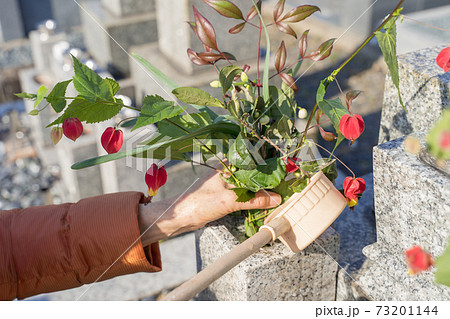 墓参り お花に水をやる 73201144