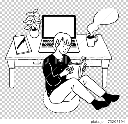 ノートパソコンでのリモートワーク くつろいでいる女性のイラスト素材 ノートパソコンでのリモートワーク くつろいでいる女性のイラスト素材 73207194