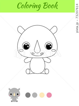 Coloring book little baby rhino sitting. Coloring page for kids. Educational activity for preschool years kids and toddlers with cute animal. Black and white vector stock illustration. 73207614