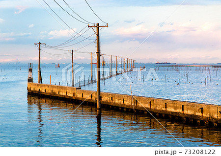 千葉県木更津市　牛込海岸の海中電柱の風景 73208122