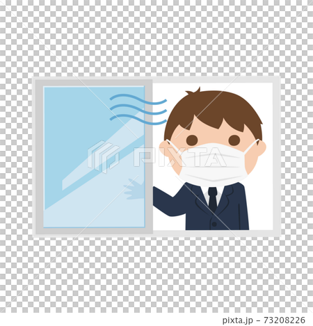 Illustration of a male student wearing a mask. A boy who opens the window and ventilates. Illustration of a male student wearing a mask. A boy who opens the window and ventilates. 73208226