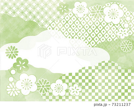 和風背景素材 雲と花 水彩風 緑のイラスト素材