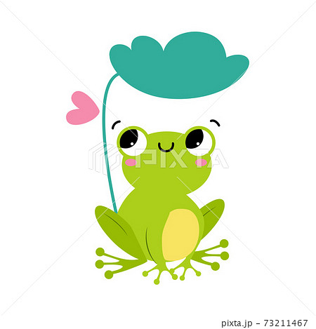 Funny Green Frog with Protruding Eyes Sitting Under Leaf Vector Illustration Funny Green Frog with Protruding Eyes Sitting Under Leaf Vector Illustration 73211467