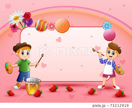 Sweet card with two boy painting and pink background 73212919