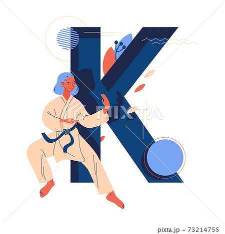 Large letter K and young woman in kimono training karate. Vector sport and martial arts character isolated on white 73214755