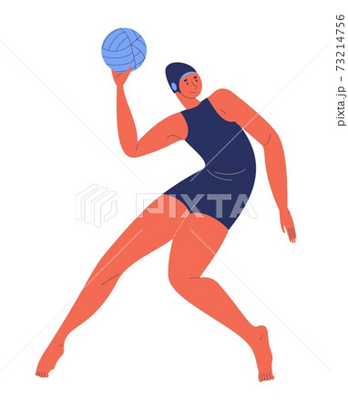 Young woman is swimsuit ready for ball throw in water polo match. Vector sport character isolated on white background 73214756