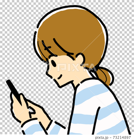 笑顔でスマホを操作する横顔の女性のイラストのイラスト素材