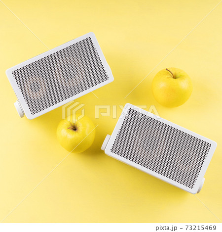 Retro gray audio music speakers with yellow apples Retro gray audio music speakers with yellow apples 73215469