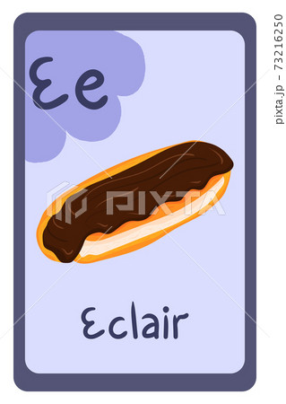 Alphabet food educational card on violet background, Letter E - eclair. 73216250