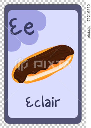 Alphabet food educational card on violet background, Letter E - eclair. 73216250