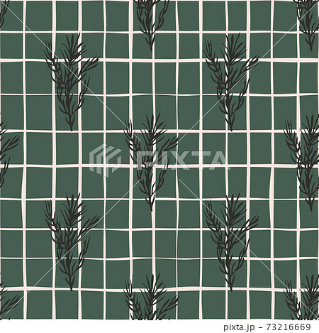 Spice seamless pattern with dark rosemary branches ornament. Green background with check. 73216669