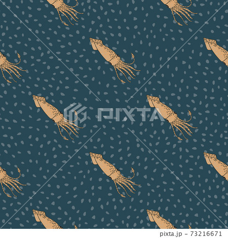 Minimalistic seamless ocean pattern with beige squid doodle silhouettes. Turquoise dotted background. 73216671