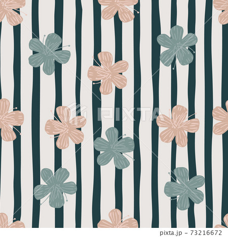 Seamless nature botanic pattern with blue and pink flowers random print. Striped background. 73216672