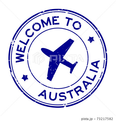 Grunge blue welcome to Australia word with airplane icon round rubber seal stamp on white background Grunge blue welcome to Australia word with airplane icon round rubber seal stamp on white background 73217582