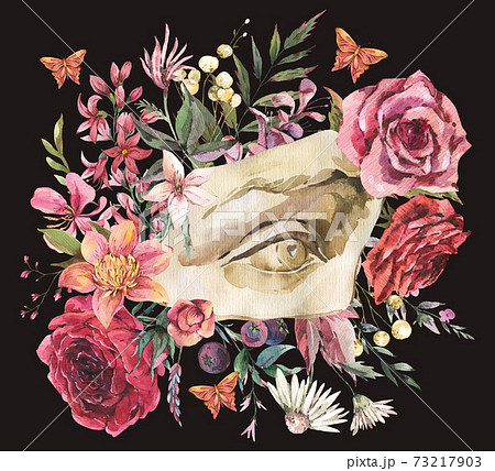 Dark academia floral vintage illustration. Greek sculpture David eye with dry flowers Dark academia floral vintage illustration. Greek sculpture David eye with dry flowers 73217903