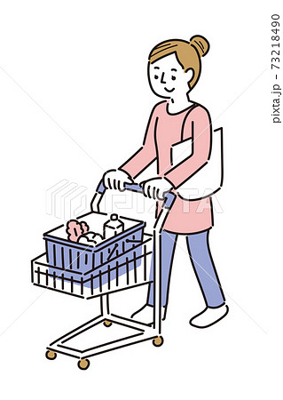 ショッピングカートを押しながら買い物をする女性のイラスト素材