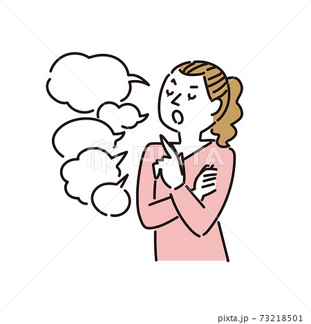 不機嫌な顔でたくさんの事を話す女性のイラスト素材