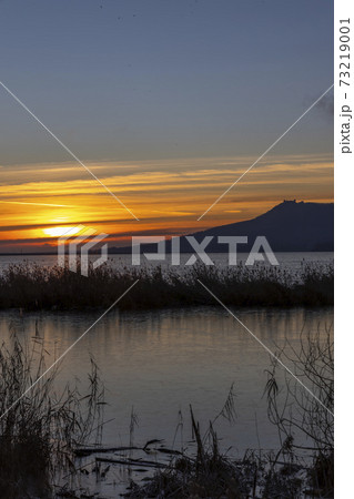 Nove Mlyny reservoir and Palava hills during sunrise in winter, Southern Moravia, Czech Republic 73219001