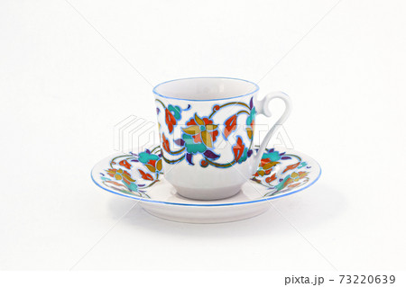 vintage coffee set with colorful decoration isolated 73220639