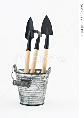 garden shovel, rake and a metal bucket isolated 73221095