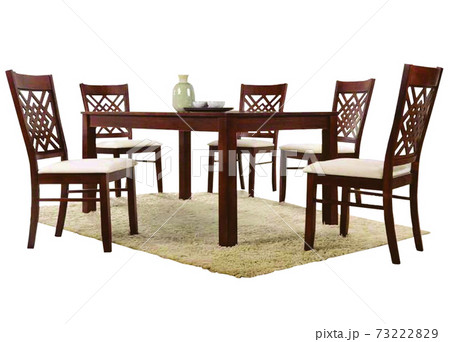 Dining Table and chairs isolated on white background. Luxury and modern dining table sets in different style and sizes. Stone table top, tempered glass, wooden table top and comfortable dining chairs. 73222829