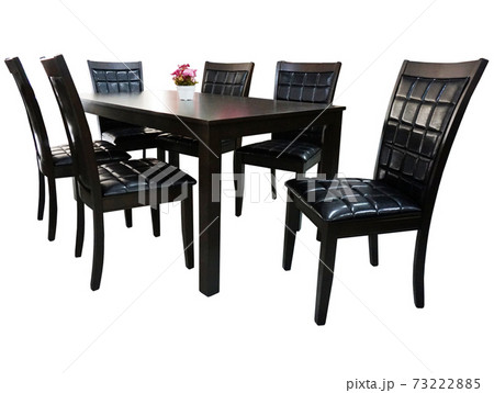 Dining Table and chairs isolated on white background. Luxury and modern dining table sets in different style and sizes. Stone table top, tempered glass, wooden table top and comfortable dining chairs. 73222885