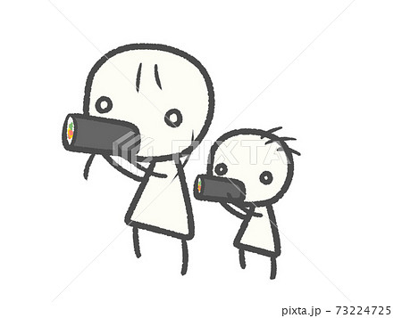 シンプルで可愛い恵方巻を食べる親子棒人間のイラスト素材