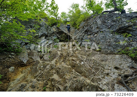 両神山八丁尾根の鎖場を登る登山者 両神山八丁尾根の鎖場を登る登山者 73226409